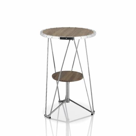 Dieser hohe Tisch besteht aus einer runden Holztischplatte und V-förmigen Metallfüßen.